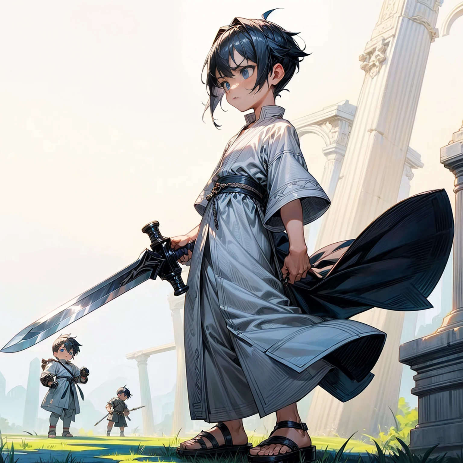 1little boys, Full body version, blue eyes, undercut hair, black colour hair, very angry expression, white tunic Ancient Roman clothing, short sleeve shirt, gladiator skirt, gladiator armor, gladiator sandals, Spatha sword in hand, war gesture, Grassroots background 