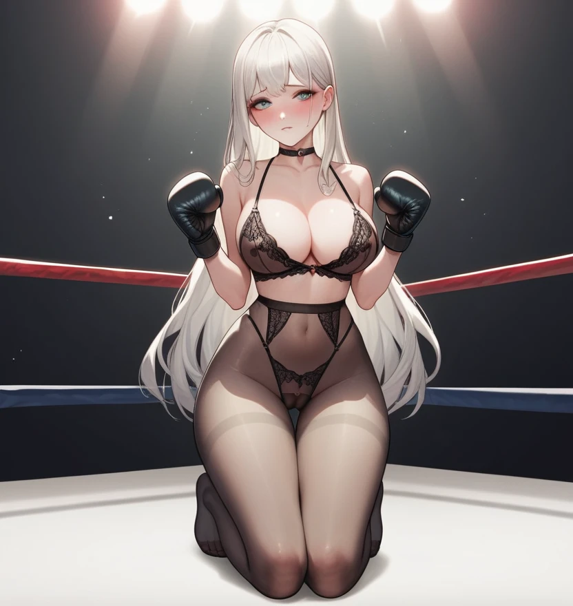 korean beautifull girl，18 years old,Pretty Face，Good shape，detailed picture, Shy expression， blush，White long hair, Wear black sexy lingerie，Wear black pantyhose, Wearing black boxing gloves, Kneeling in a sexy pose on the boxing ring，Large Breasts,Cleavage,Long legs，Thin waist，nipple，Camel toe