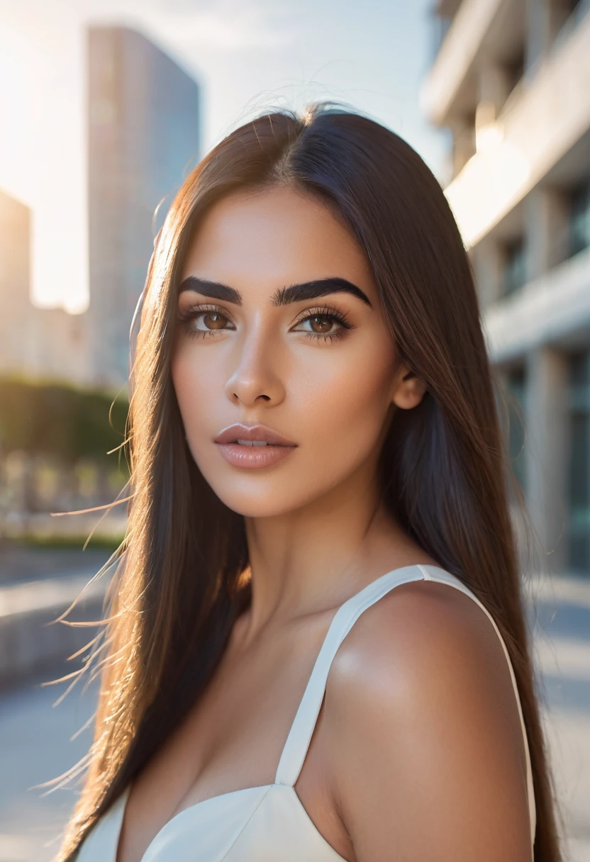  The beautiful face of a Latin woman with long straight hair, thick eyebrows and thin lips looking at the viewer, lonely city background with subtle touches of modern architecture, delicate sunlight highlighting your facial features, creating a feeling of calm
