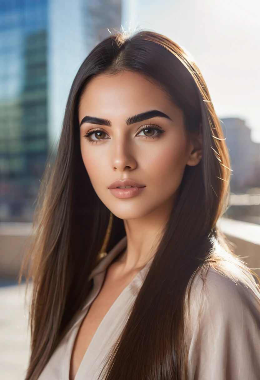 The beautiful face of a Latin woman with long straight hair, thick eyebrows and thin lips looking at the viewer, lonely city background with subtle touches of modern architecture, delicate sunlight highlighting your facial features, creating a feeling of calm