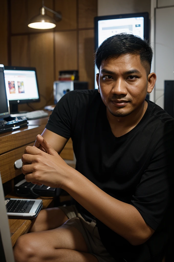 4D caricator of Indonesian man with short hair, run a computer