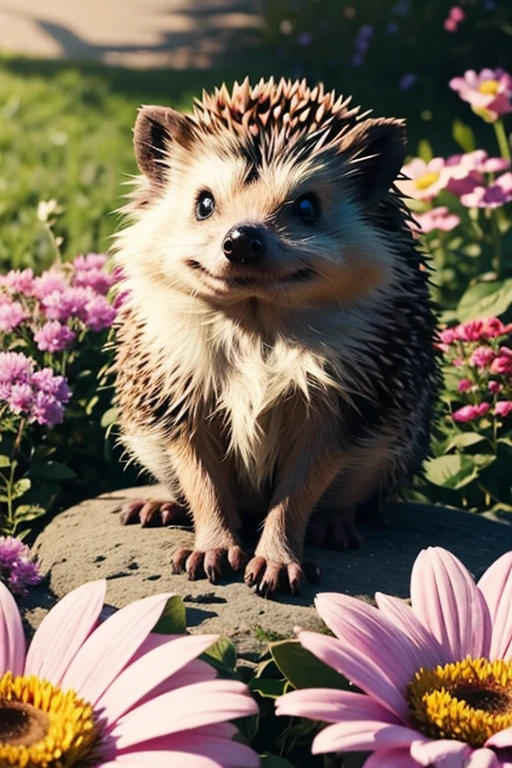 multi-colored hedgehog, sitting on a large flower