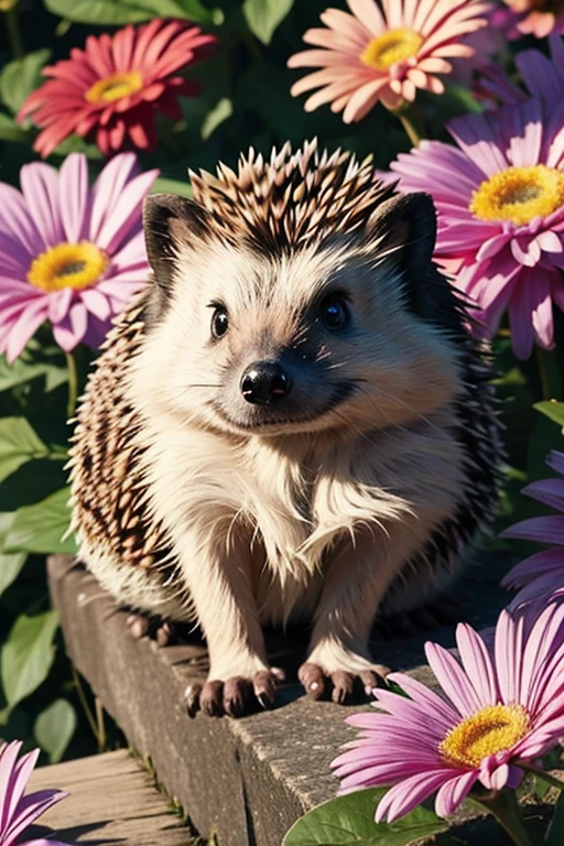 multi-colored hedgehog, sitting on a large flower