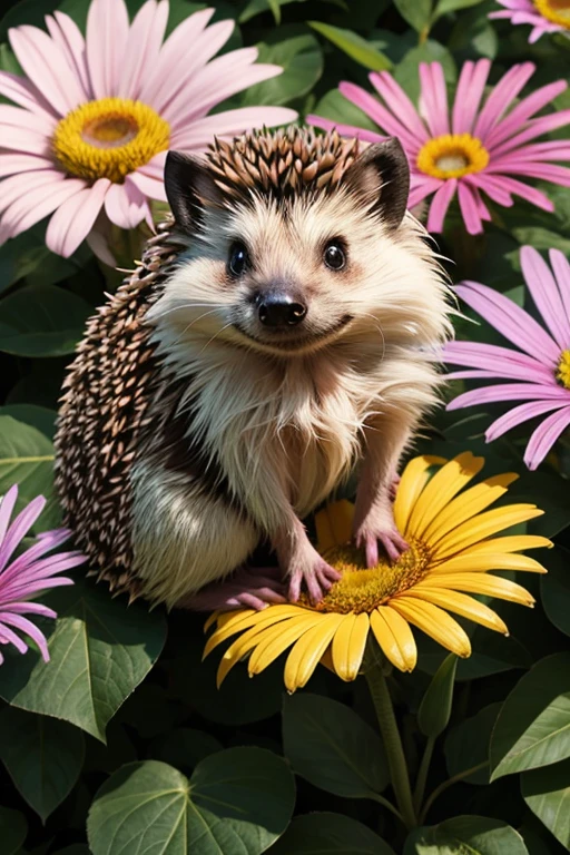 multi-colored hedgehog, sitting on a large flower