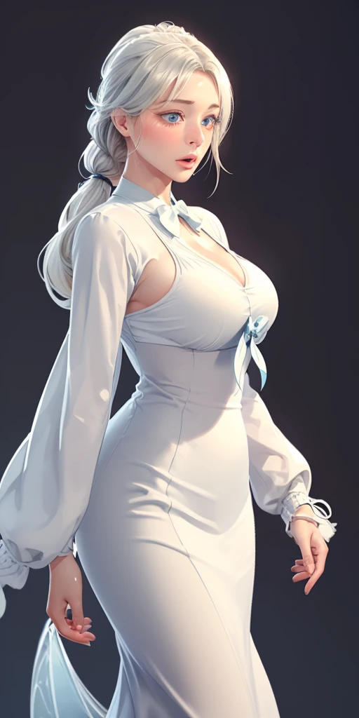 (（（Perfect body,White and tender skin,（（（Mermaid skirt，fishtaildress，Light blue dress，White wool cardigan）））,（（（hyuugahin,  "black long hair", blue eyes,blunt bangs））），((masterpiece)),high resolution, ((Best quality at best))，masterpiece，quality，Best quality，（（（ Exquisite facial features，Looking at the audience,There is light in the eyes，blush，Happy，lol））），）））,（（（Light and shadow,Huge breasts,）））,（（（Looking at the camera,black background)））)