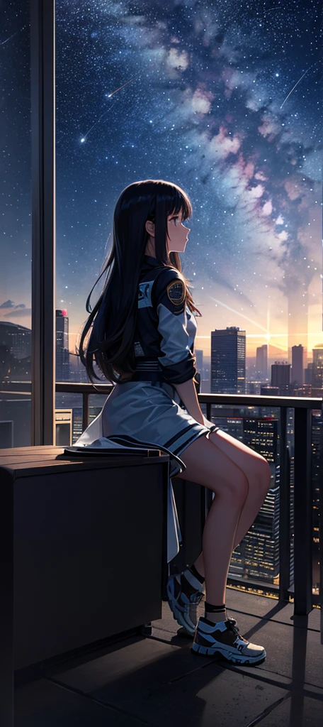 Octane, null, star (null), scenery, starry null, night, One girl, night null, alone, Outdoor, building, cloud, milky way, Sitting, wood, Long Hair, city, silhouette, cityscape