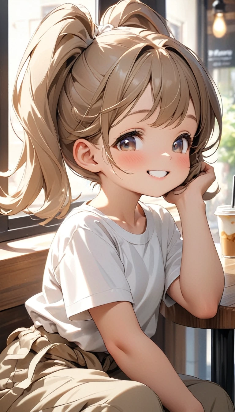 One is tied with two ponytails,Cute little girl, Short white T-shirt, Khaki baggy pants, Sitting by the window of the cafe, Hold your cheek with one hand, Tilt your head and look at people with a smile.Close-up of character( Perfect anatomical structure ) Beautiful and extremely fine texture，detailed, bright, Animation style high definition and high quality presentation