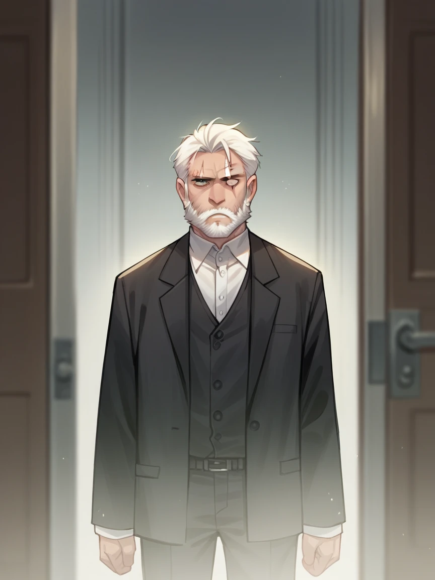 score_9, score_8_up, score_7_up, score_6_up, t0nym0r3, 1 young boy, ju1ch3, white hair, beard, scar on left eye, male black suit, dark blurry door on background