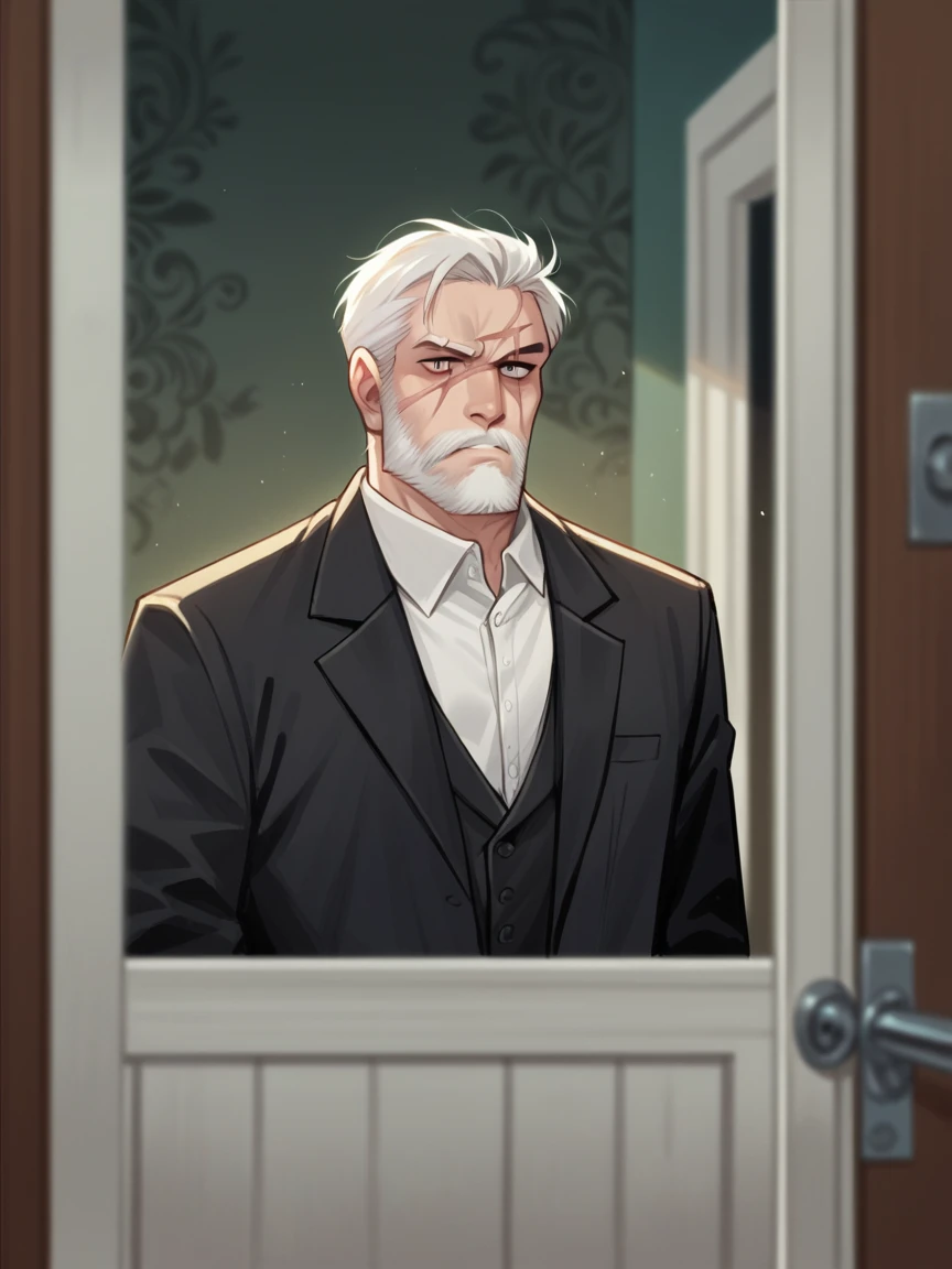 score_9, score_8_up, score_7_up, score_6_up, t0nym0r3, ung boy, ju1ch3, white hair, beard, scar on left eye, male black suit, dark blurry door on background