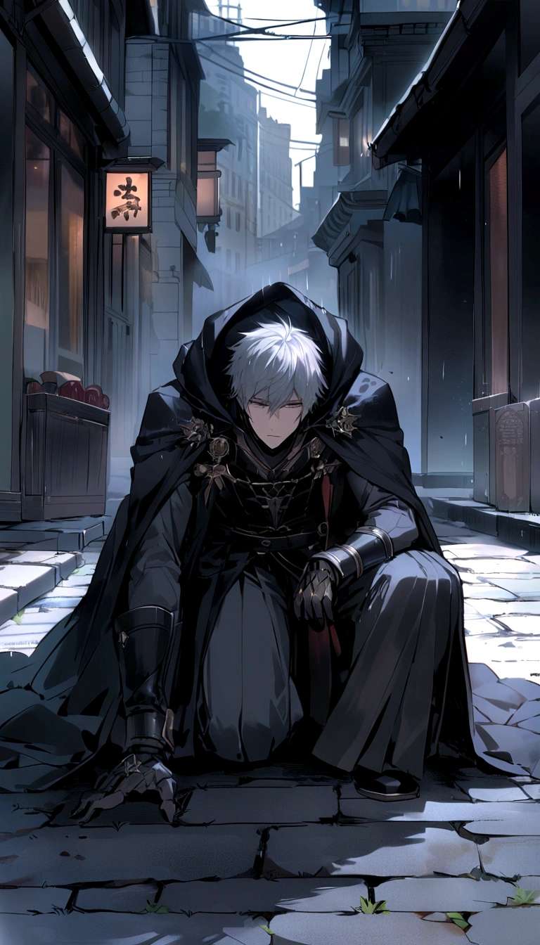 Heavy rainy days,On the street,the night,The male protagonist knelt on the ground