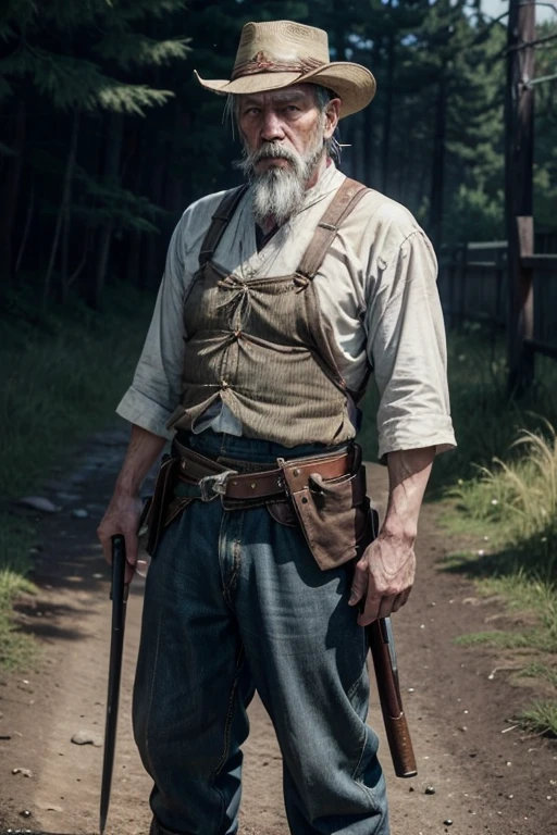 Japanese 85 years old; rdr2; standing alone; tall, somewhat hunchbacked elderly man; white with gray beard; grimy; with blood on your hands and clothes; Japanese simple clothing, serious and calm look; black short hair; using a cane; RPG old west 1890.