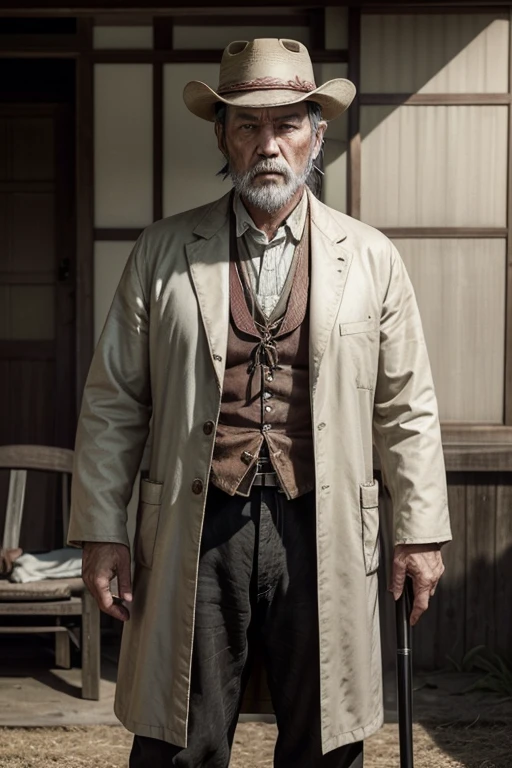 Japanese 85 years old; rdr2; standing alone; tall, somewhat hunchbacked elderly man; white with gray beard; grimy; with blood on your hands and clothes; Japanese simple clothing, serious and calm look; black short hair; using a cane; RPG old west 1890.
