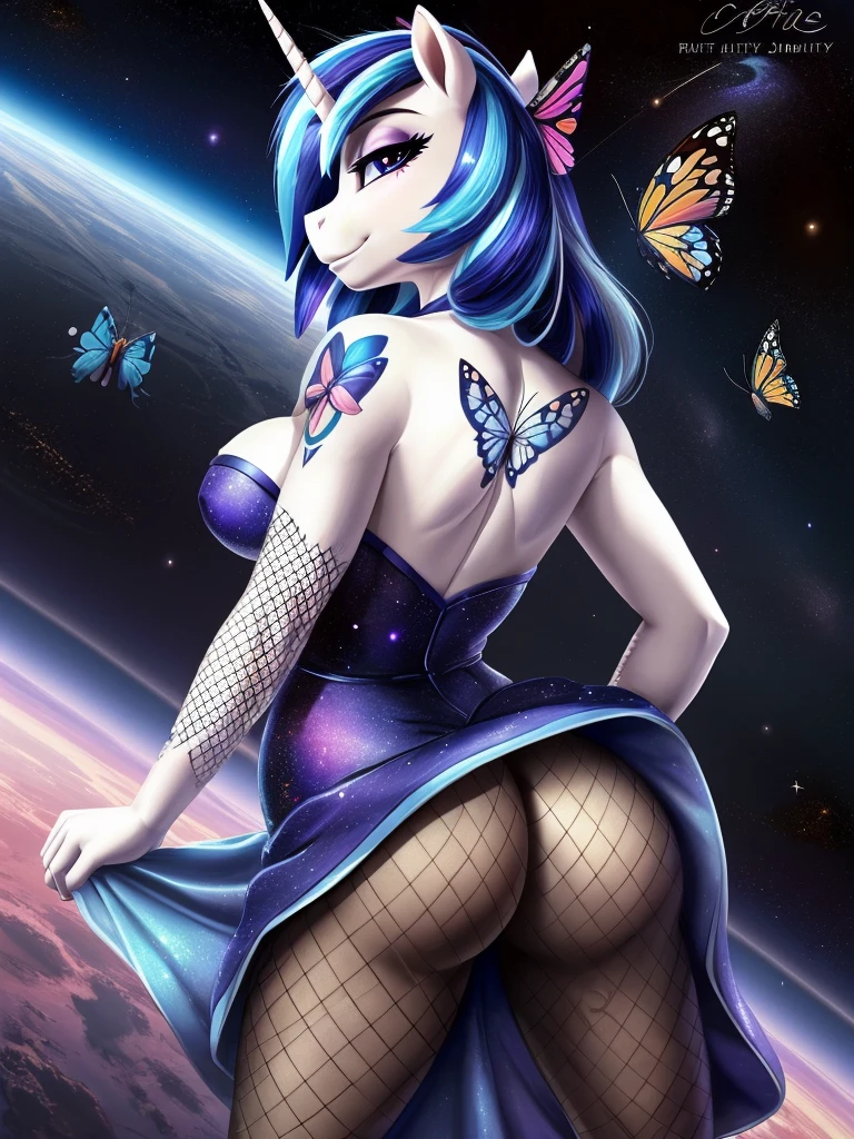 ((my little pony)), solo, ((seductive costume)), beautiful body, high detailed, 4K, ((seductive perky butt)), behind view, (((short strapless space styled dress))), beautiful medium breasts, (((shining armor))), (((tights fishnet))), ((butterfly tattoo)), ((seductive journal pose))