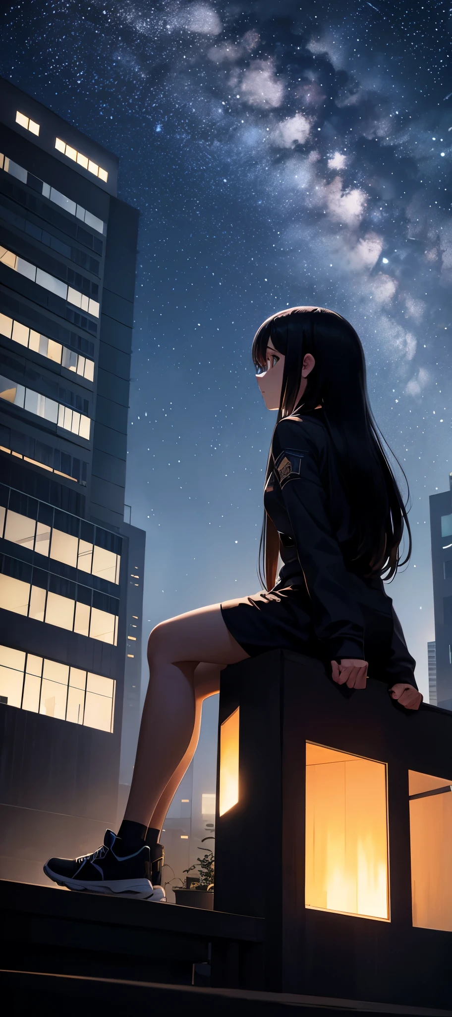Octane, null, star (null), scenery, starry null, night, One girl, night null, alone, Outdoor, building, cloud, milky way, Sitting, wood, Long Hair, city, silhouette, cityscape