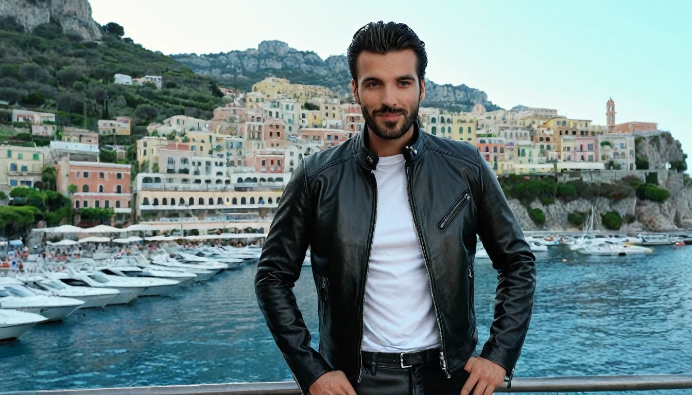 A 35 years old man, with a black pants,white social shirt, italian background, hands on the pocket, a black leather jacket with a zippered collar and a zippered collar, leather jackets, black leather garment, black leather slim clothes, leather jacket, black leather jacket, wearing a leather jacket, leather, wearing leather jacket, wearing a black leather jacket, leathery, very aesthetic leather jacket, wearing leather ,clothing photography ,amazing italian background, 4k, realistic ,boats are docked in the water near a town on a hill, italian mediterranean city, mediterranean island scenery, italy, southern european scenery, gulf of naples, beautiful italian beach scene, mediterranean city, capri coast, fantasy italy, naples, mediterranean, beautiful place, mediterranean vista, beauitful, incredibly beautiful, unknown, beautiful high resolution, happy italian beach scene, imposing