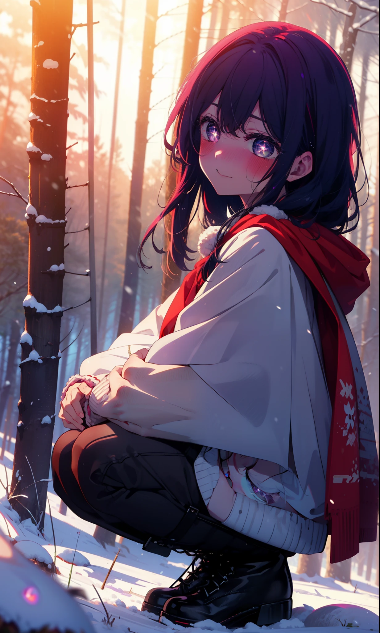 aihoshino, Ai Hoshino, Long Hair, bangs, (Purple eyes:1.1), Purple Hair, (Symbol-shaped pupil:1.5), smile,,smile,blush,White Breath,
Open your mouth,snow,Ground bonfire, Outdoor, boots, snowing, From the side, wood, suitcase, Cape, Blurred, , forest, White handbag, nature, Squat, Mouth closed, Cape, winter, Written boundary depth, Black shoes, red Cape break looking at viewer, Upper Body, whole body, break Outdoor, forest, nature, break (masterpiece:1.2), Highest quality, High resolution, unity 8k wallpaper, (shape:0.8), (Beautiful and beautiful eyes:1.6), Highly detailed face, Perfect lighting, Extremely detailed CG, (Perfect hands, Perfect Anatomy),