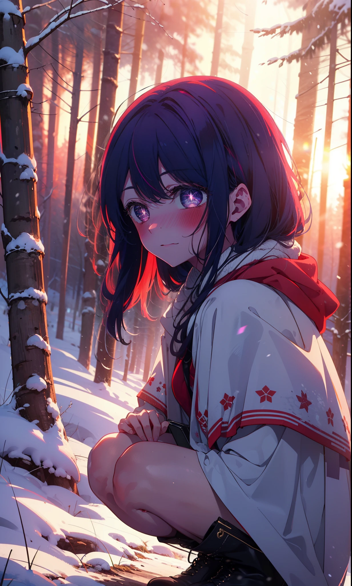 aihoshino, Ai Hoshino, Long Hair, bangs, (Purple eyes:1.1), Purple Hair, (Symbol-shaped pupil:1.5), smile,,smile,blush,White Breath,
Open your mouth,snow,Ground bonfire, Outdoor, boots, snowing, From the side, wood, suitcase, Cape, Blurred, , forest, White handbag, nature,  Squat, Mouth closed, Cape, winter, Written boundary depth, Black shoes, red Cape break looking at viewer, Upper Body, whole body, break Outdoor, forest, nature, break (masterpiece:1.2), Highest quality, High resolution, unity 8k wallpaper, (shape:0.8), (Beautiful and beautiful eyes:1.6), Highly detailed face, Perfect lighting, Extremely detailed CG, (Perfect hands, Perfect Anatomy),