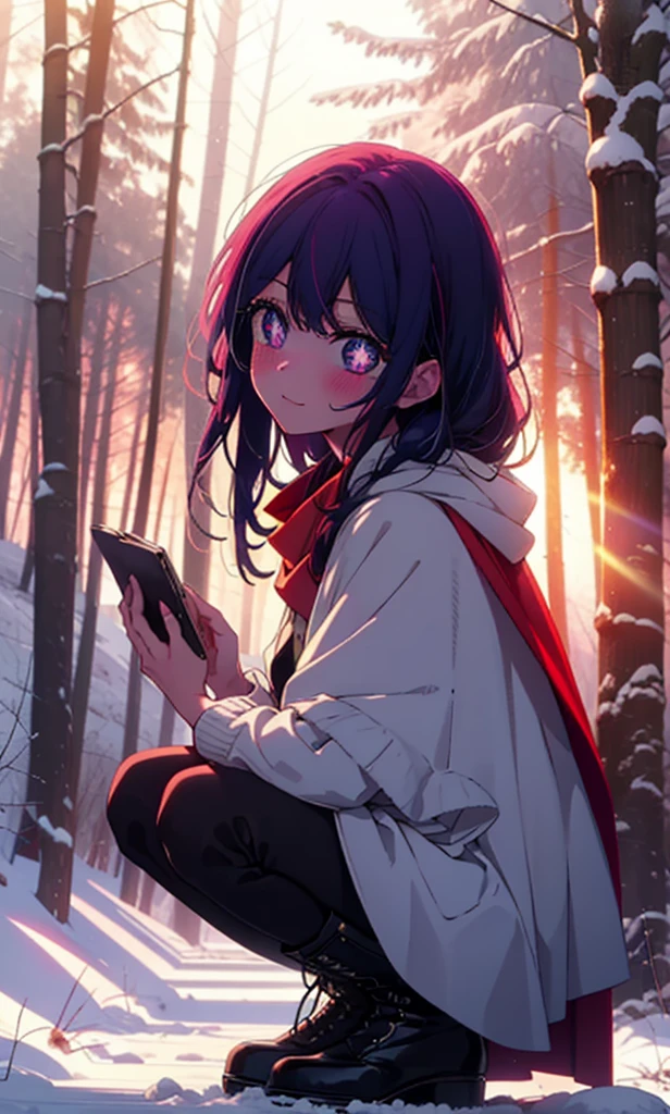 aihoshino, Ai Hoshino, Long Hair, bangs, (Purple eyes:1.1), Purple Hair, (Symbol-shaped pupil:1.5), smile,,smile,blush,White Breath,
Open your mouth,snow,Ground bonfire, Outdoor, boots, snowing, From the side, wood, suitcase, Cape, Blurred, , forest, White handbag, nature,  Squat, Mouth closed, Cape, winter, Written boundary depth, Black shoes, red Cape break looking at viewer, Upper Body, whole body, break Outdoor, forest, nature, break (masterpiece:1.2), Highest quality, High resolution, unity 8k wallpaper, (shape:0.8), (Beautiful and beautiful eyes:1.6), Highly detailed face, Perfect lighting, Extremely detailed CG, (Perfect hands, Perfect Anatomy),