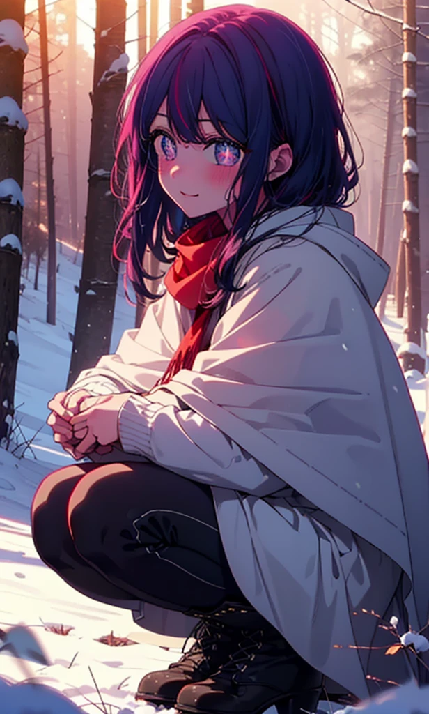 aihoshino, Ai Hoshino, Long Hair, bangs, (Purple eyes:1.1), Purple Hair, (Symbol-shaped pupil:1.5), smile,,smile,blush,White Breath,
Open your mouth,snow,Ground bonfire, Outdoor, boots, snowing, From the side, wood, suitcase, Cape, Blurred, , forest, White handbag, nature, Squat, Mouth closed, Cape, winter, Written boundary depth, Black shoes, red Cape break looking at viewer, Upper Body, whole body, break Outdoor, forest, nature, break (masterpiece:1.2), Highest quality, High resolution, unity 8k wallpaper, (shape:0.8), (Beautiful and beautiful eyes:1.6), Highly detailed face, Perfect lighting, Extremely detailed CG, (Perfect hands, Perfect Anatomy),