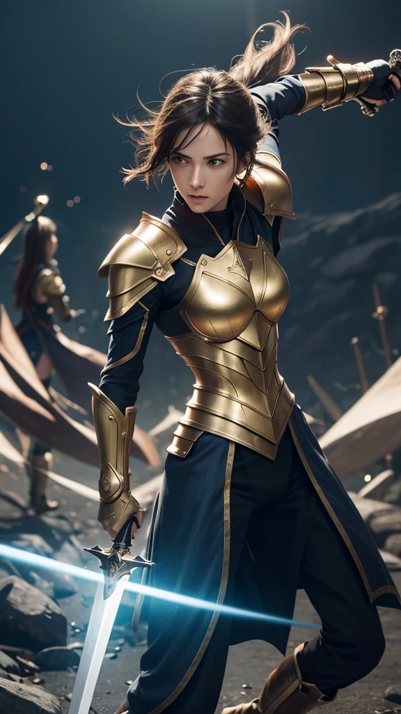 Reloaded Swordsman，The lightning is electrified and anger is charged、The entire body is covered in thick golden armor.，A giant sword with both hands on the ground，The blue spinning sword energy overflowed.，，Blood，Depth of written boundary，Dynamic Blur，highlight，Real Light，Ray Tracing，OC Rendering，Surreal，Highest quality，8K，Masterpieces，Ultra-fine，More about pubic hair，Correct Anatomy，Sharp focus on the eyes，Bokeh，The facial features are carefully drawn