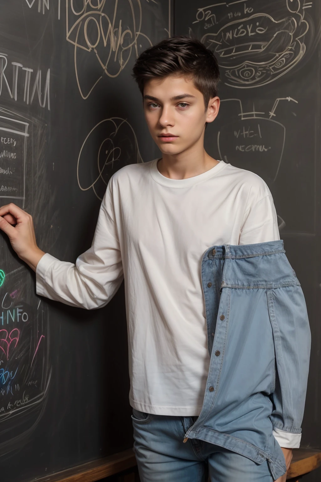 A beautiful young male twink with black hair wearing a luxurious white long-sleeved shirt and jeans. Behind him is a blackboard with a cursive drawing of the anatomy of the brain. Neon energy emerges from the blackboard.