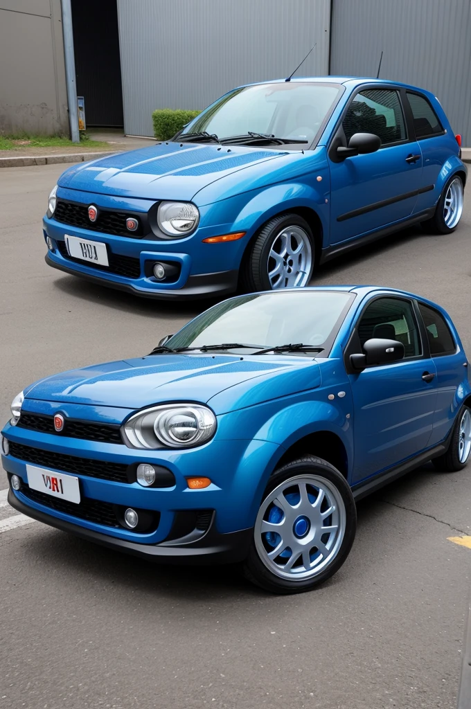 Create a fiat uno in metallic blue with razored wheels and lowered