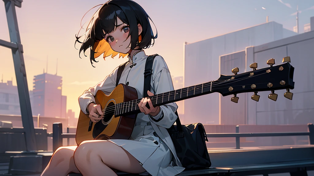 Sunset serenade on deserted platform,Focus on landscape,landscape painting,A girl with short black hair and M-shaped bangs，Wearing a short white dress，Denim jacket with affectionate and sad expression, Girl looking up to the sky while playing guitar,masterpiece of girl playing guitar,best quality,high resolution,extra limbs,Missing limbs,extra digits,Fewer numbers,Missing numbers,Missing fingers,Fusion of fingers,Deformed hands and fingers sitting on a bench by the roadside playing acoustic guitar, vietnamese