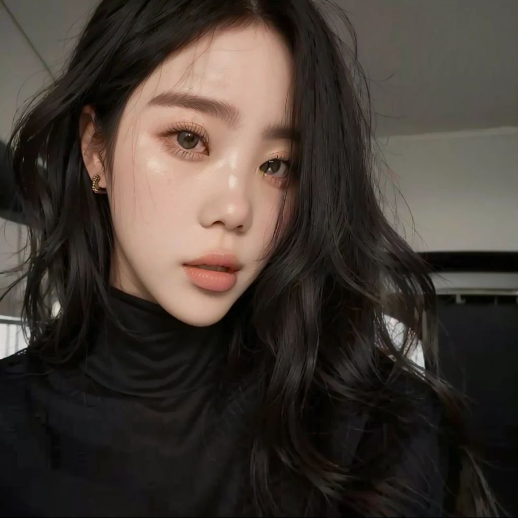 a woman with long hair wearing a black turtleneck blouse, maquiagem sul-korean popular, maquiagem korean popular,  korean, young lovely korean face, linda mulher sul-korean, linda jovem korean, ulzzang, adorable and pale korean face, linda jovem korean, Korean facial features, jennie blackpink, beautiful aesthetic face, Southeast Asian with round face