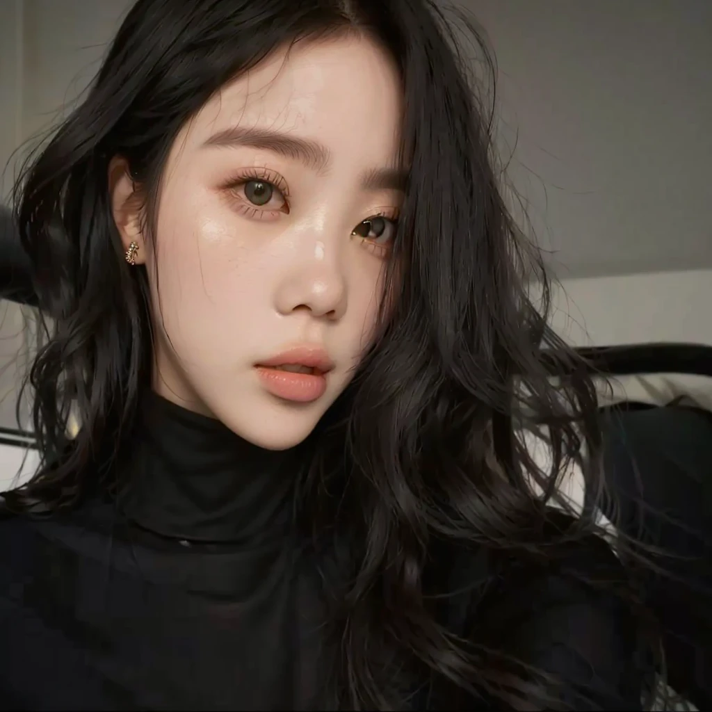 a woman with long hair wearing a black turtleneck blouse, maquiagem sul-korean popular, maquiagem korean popular,  korean, young lovely korean face, linda mulher sul-korean, linda jovem korean, ulzzang, adorable and pale korean face, linda jovem korean, Korean facial features, jennie blackpink, beautiful aesthetic face, Southeast Asian with round face