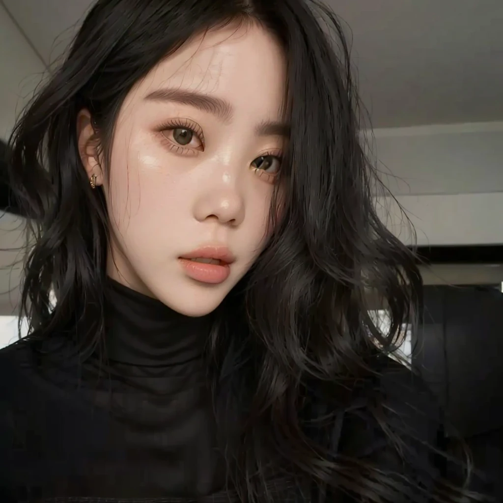 a woman with long hair wearing a black turtleneck blouse, maquiagem sul-korean popular, maquiagem korean popular,  korean, young lovely korean face, linda mulher sul-korean, linda jovem korean, ulzzang, adorable and pale korean face, linda jovem korean, Korean facial features, jennie blackpink, beautiful aesthetic face, Southeast Asian with round face