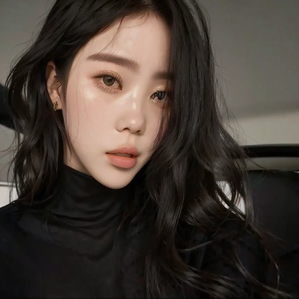 a woman with long hair wearing a black turtleneck blouse, maquiagem sul-korean popular, maquiagem korean popular,  korean, young lovely korean face, linda mulher sul-korean, linda jovem korean, ulzzang, adorable and pale korean face, linda jovem korean, Korean facial features, jennie blackpink, beautiful aesthetic face, Southeast Asian with round face