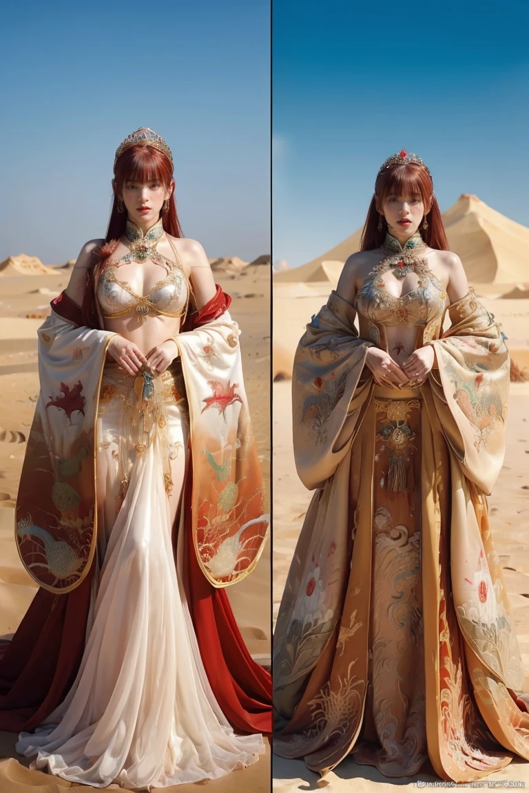 (heavy breasts)、top-quality、​masterpiece、超A high resolution、（metal white dragon armor）、(((Colossal tits))),dragon armor、(((Detailed Micro Bikini))),(Wear a beautiful crown made of intricate gemstones),(Photorealsitic:1.4)、Raw photo、女の子1人、(((Random hair))、(((Take different poses)))、glowy skin、(((Chinese Dragon)))、Intricate and ornate hair ornaments、（Gorgeous Jewelry Necklaceystical expression）、（Full Body Angle）、((Light red hair)),（Fight big dragonetal metal bikini）、(((Sahara desert background)))、Precipitous cliffs)、((super realistic details))、portlate、globalillumination、（sexypose）、Shadow、octan render、8K、ultrasharp、Colossal 、Raw skin is exposed in cleavage、metals、Details of complex ornaments、Japan details、highly intricate detail、Realistic light、CGSoation Trends、Blue eyes、radiant eyes、Facing the camera、Toostock、（Full Body Angle）、（veils）、(((desert background)))、highcontrast、