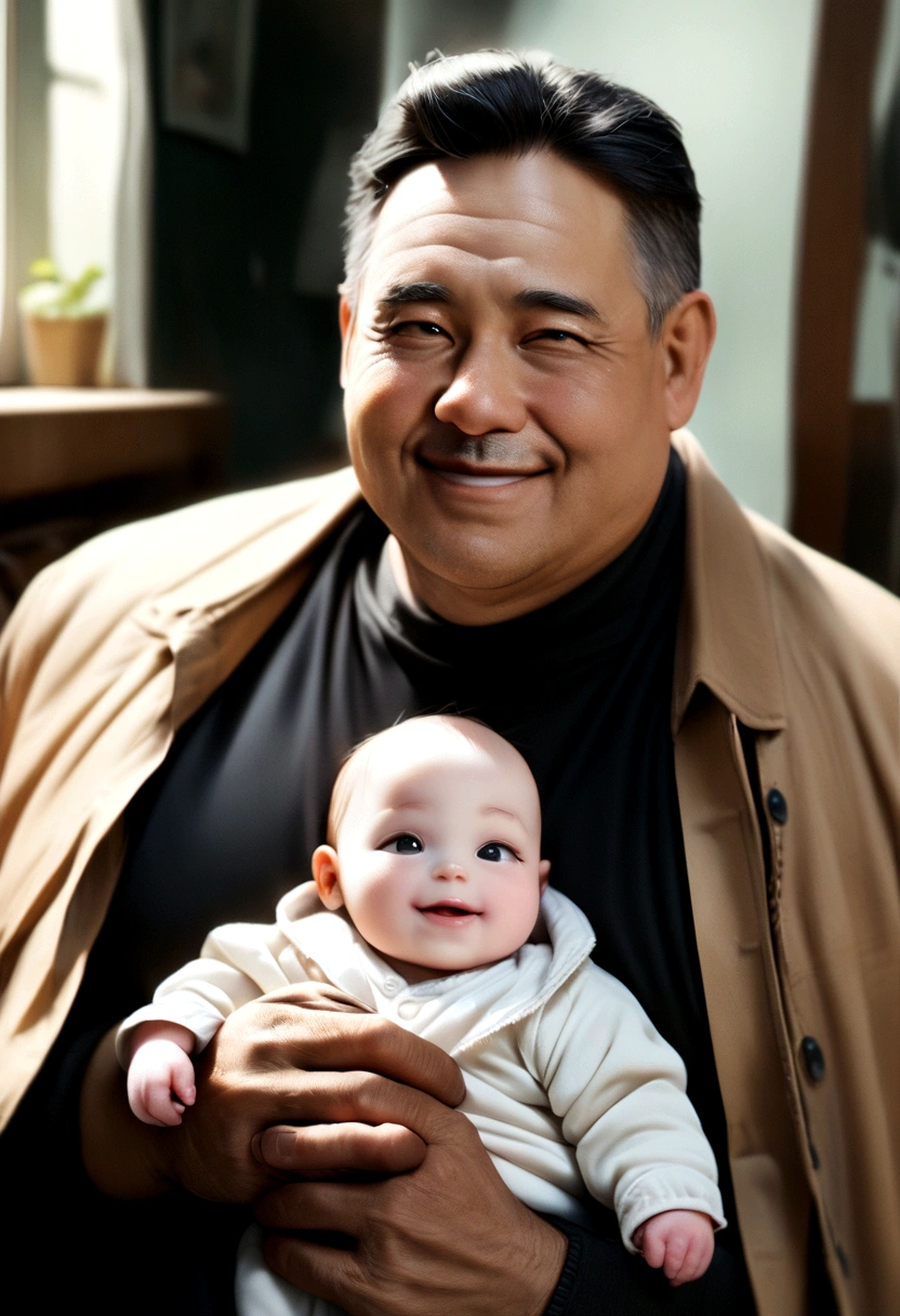 There's a man holding a baby on his shoulders, father with a , affectionate fatherly broad forehead, father smiling, black sweatshirt, photo realist, father a little fat