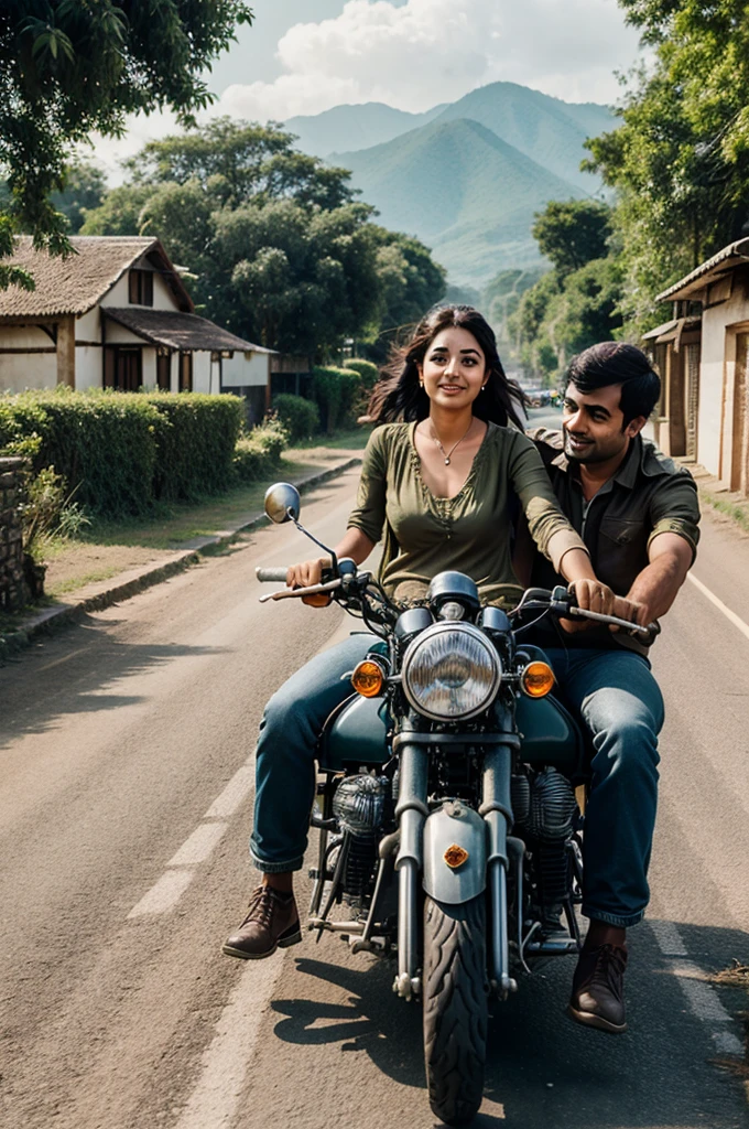 Couples travels in a royal Enfield bullet in a road through a village