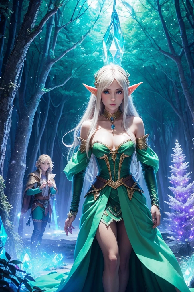 Female and male elves in an enchanted crystal forest