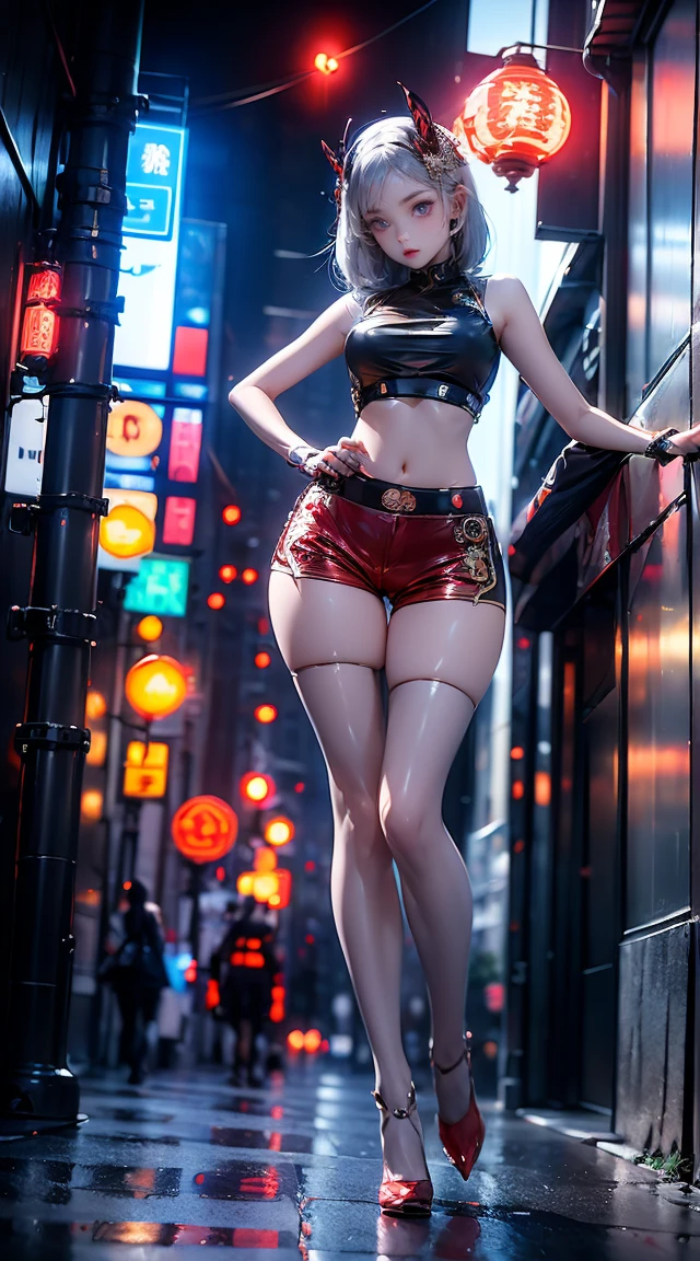 masterpiece,best quality,high resolution, 1 Girl,From below,(The legs are very thin and straight),,(Very long legs,Straight Legs),,High heel,Long Law,stand up, From the front,Very long legs, Perfect body,Have perfect legs,(Exterior),Full Body Love,Cyberpunk characters,Dynamic poses,1 Girl,Exquisite eyes,Brown eyes,Eyeshadow,make up,White hair, Detailed face, Delicate eyes, Looking at the audience, Blush\(make up\), Full lips, Red lips,(White hair:1.3), (stand up)Mechanical static,Mechanical Summoning,(Hair accessories:1.1),Headgear,((((Red ,Short shorts)))),(black),City,Luminous winding,,Cyberpunk Lights:1.1),Neon,Full of mechanical and futuristic elements,technology,背景是中国传统street,Chinatown, street, sky sky, Cyberpunk characters, paper lantern, Neon Super Resolution,(Reality:1.3),1(Slim:1.2),Dramatic Lighting,Vivid details,Luxury Cyberpunk,Complex background,Octane Rendering,