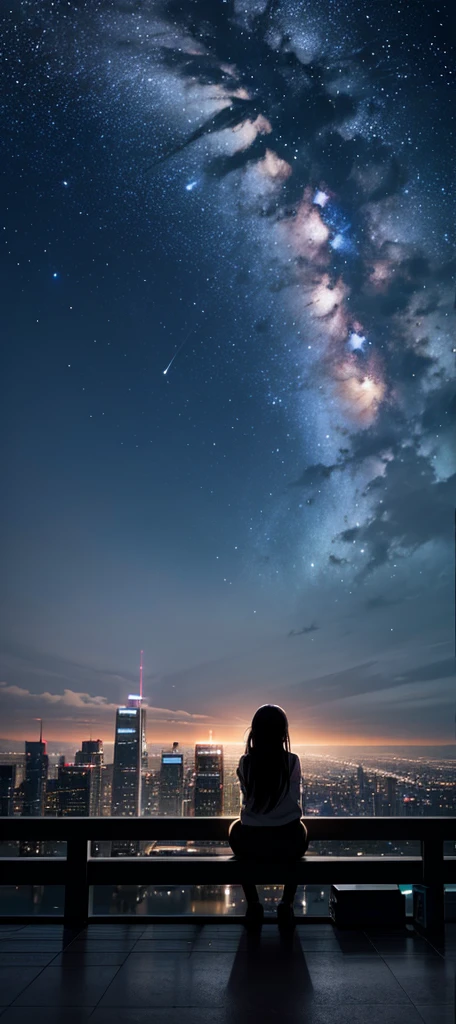 Octane, null, star (null), scenery, starry null, night, One girl, night null, alone, Outdoor, building, cloud, milky way, Sitting, wood, Long Hair, city, silhouette,Back view, cityscape