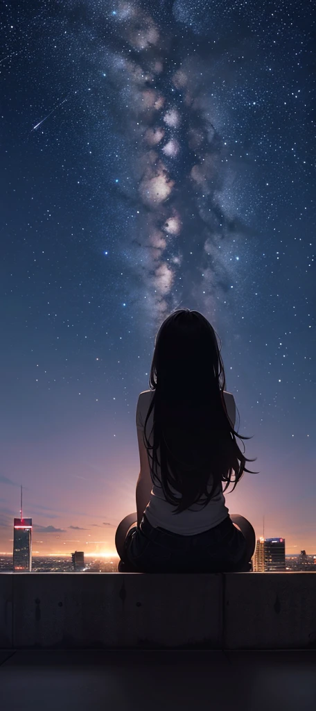 Octane, null, star (null), scenery, starry null, night, One girl, night null, alone, Outdoor, building, cloud, milky way, Sitting, wood, Long Hair, city, silhouette,Back view, cityscape  