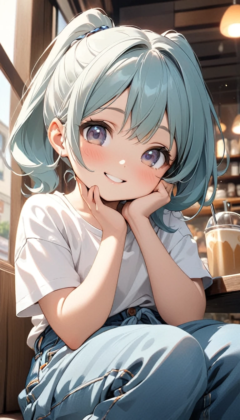 One is tied with two ponytails,Cute little girl, Short white T-shirt, Khaki baggy pants, Sitting by the window of the cafe, Hold your cheek with one hand, Tilt your head and look at people with a smile.Close-up of character( Perfect anatomical structure ) Beautiful and extremely fine texture，detailed, bright, Animation style high definition and high quality presentation