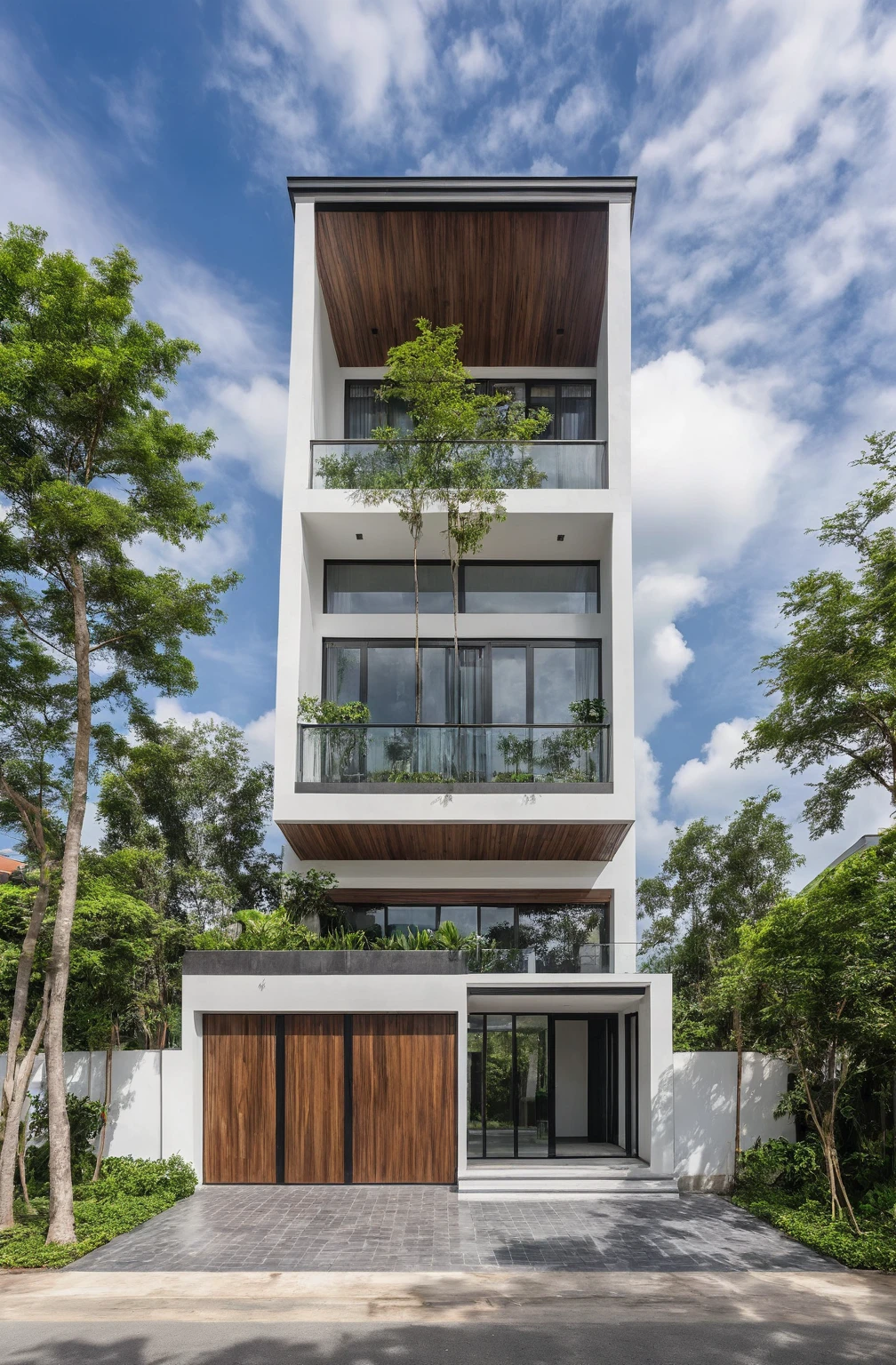 masterpiece, best quality, exterior design, single 1 storie modern house on the Vietnam village, marble, steel, modern dark tiled granite and white walls facade, wooden ceiling, large glass, minimalist modern style, green shrubs and tropical tree background, large door and windows.