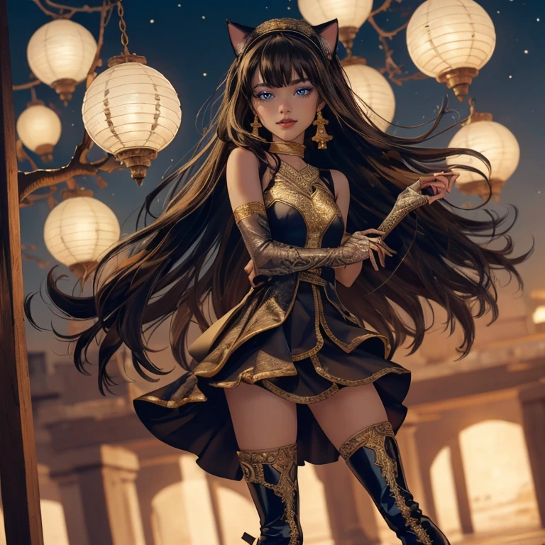  1girl, centered, a girl with a light brown skinny, cowboy shot, solo, brown hair, long hair, wave hair, Egyptian aesthetic, black shirt, black skirt, blue knee boots, smiling, Egypt style, Egypt scenery, gold lanterns, white roses, full moon,  depth of field, cinematic composition, night, white roses, smile, gold jewelry, jewelry, Egypt Pyramids scene, desert, white roses on focus, Cleo de Nilo_(monster high), Monster High, looking at the viewer, more details on the clothes, petals in the air, two arms, two legs, two hands, five fingers, Egypt Pyramids scene, desert, 1girl, black maid dress, jewelry, brown hair, flowing hair, long hair, maid dress with a short skirt and layers, blue laces, blue boots, black dress with transparency, gold details on her clothes, cat ears, animal ears,  more details, perfectly body, perfectly hands, two hands, two legs, two arms, five fingers, glowing hair, best quality, alone, maid headdress, choker, detached sleeves, maid dress, maid black dress, strapless, masterpiece, best quality, detailed face, night, asymmetrical gloves, bangs, black short skirt , black gloves, white boots, earrings, elbow gloves, fishnet thighhighs, fish masterpiece, solo, best quality, detailed face, gloves, hair between eyes, jewelry, long hair, looking at viewer, single earring, sky, sleeveless, solo, thigh boots, thigh highs, uneven gloves, solo, alone, Looking at the viewer, More details on the clothes, white roses on her hair, Egypt Pyramids scene, desert, maid, maid dress, golden details, white roses, maid headdress, maid apron, long hair