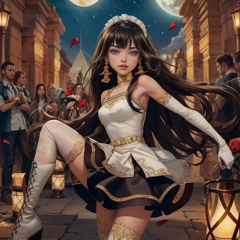  1girl, centered, a girl with a light brown skinny, cowboy shot, solo, brown hair, long hair, wave hair, Egyptian aesthetic, black shirt, black skirt, blue knee boots, smiling, Egypt style, Egypt scenery, gold lanterns, white roses, full moon,  depth of field, cinematic composition, night, white roses, smile, gold jewelry, jewelry, Egypt Pyramids scene, desert, white roses on focus, Cleo de Nilo_(monster high), Monster High, looking at the viewer, more details on the clothes, petals in the air, two arms, two legs, two hands, five fingers, Egypt Pyramids scene, desert, 1girl, black maid dress, jewelry, brown hair, flowing hair, long hair, maid dress with a short skirt and layers, blue laces, blue boots, black dress with transparency, gold details on her clothes, cat ears, animal ears,  more details, perfectly body, perfectly hands, two hands, two legs, two arms, five fingers, glowing hair, best quality, alone, maid headdress, choker, detached sleeves, maid dress, maid black dress, strapless, masterpiece, best quality, detailed face, night, asymmetrical gloves, bangs, black short skirt , black gloves, white boots, earrings, elbow gloves, fishnet thighhighs, fish masterpiece, solo, best quality, detailed face, gloves, hair between eyes, jewelry, long hair, looking at viewer, single earring, sky, sleeveless, solo, thigh boots, thigh highs, uneven gloves, solo, alone, Looking at the viewer, More details on the clothes, white roses on her hair, Egypt Pyramids scene, desert, maid, maid dress, golden details, white roses, maid headdress, maid apron, long hair