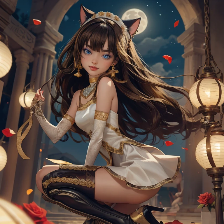  1girl, centered, a girl with a light brown skinny, cowboy shot, solo, brown hair, long hair, wave hair, Egyptian aesthetic, black shirt, black skirt, blue knee boots, smiling, Egypt style, Egypt scenery, gold lanterns, white roses, full moon,  depth of field, cinematic composition, night, white roses, smile, gold jewelry, jewelry, Egypt Pyramids scene, desert, white roses on focus, Cleo de Nilo_(monster high), Monster High, looking at the viewer, more details on the clothes, petals in the air, two arms, two legs, two hands, five fingers, Egypt Pyramids scene, desert, 1girl, black maid dress, jewelry, brown hair, flowing hair, long hair, maid dress with a short skirt and layers, blue laces, blue boots, black dress with transparency, gold details on her clothes, cat ears, animal ears,  more details, perfectly body, perfectly hands, two hands, two legs, two arms, five fingers, glowing hair, best quality, alone, maid headdress, choker, detached sleeves, maid dress, maid black dress, strapless, masterpiece, best quality, detailed face, night, asymmetrical gloves, bangs, black short skirt , black gloves, white boots, earrings, elbow gloves, fishnet thighhighs, fish masterpiece, solo, best quality, detailed face, gloves, hair between eyes, jewelry, long hair, looking at viewer, single earring, sky, sleeveless, solo, thigh boots, thigh highs, uneven gloves, solo, alone, Looking at the viewer, More details on the clothes, white roses on her hair, Egypt Pyramids scene, desert, maid, maid dress, golden details, white roses, maid headdress, maid apron, long hair