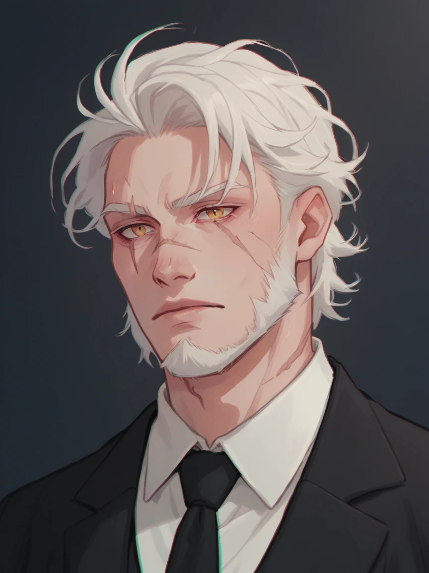 score_9, score_8_up, score_7_up, score_6_up, score_5_up, score_4_up, 1boy, ju1ch3, half body, white hair, beard, scar on left eye, male black suit and tie, dark background