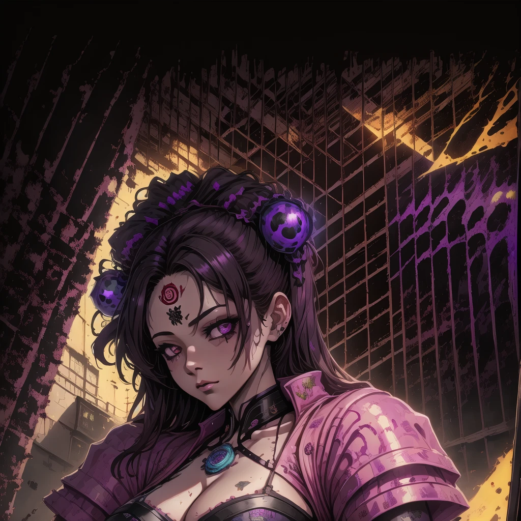Oni-girl. She has long pink twintails and parted bangs. ((forehead))++. She is wearing a red and black gothic dress. She has oni horns. The background includes a cyberpunk cityscape visible through a cracked window. Neon glows and deep shadows. Created Using: digital illustration, cyberpunk style, high contrast, vibrant neon colors, sleek design, gritty textures, hd quality