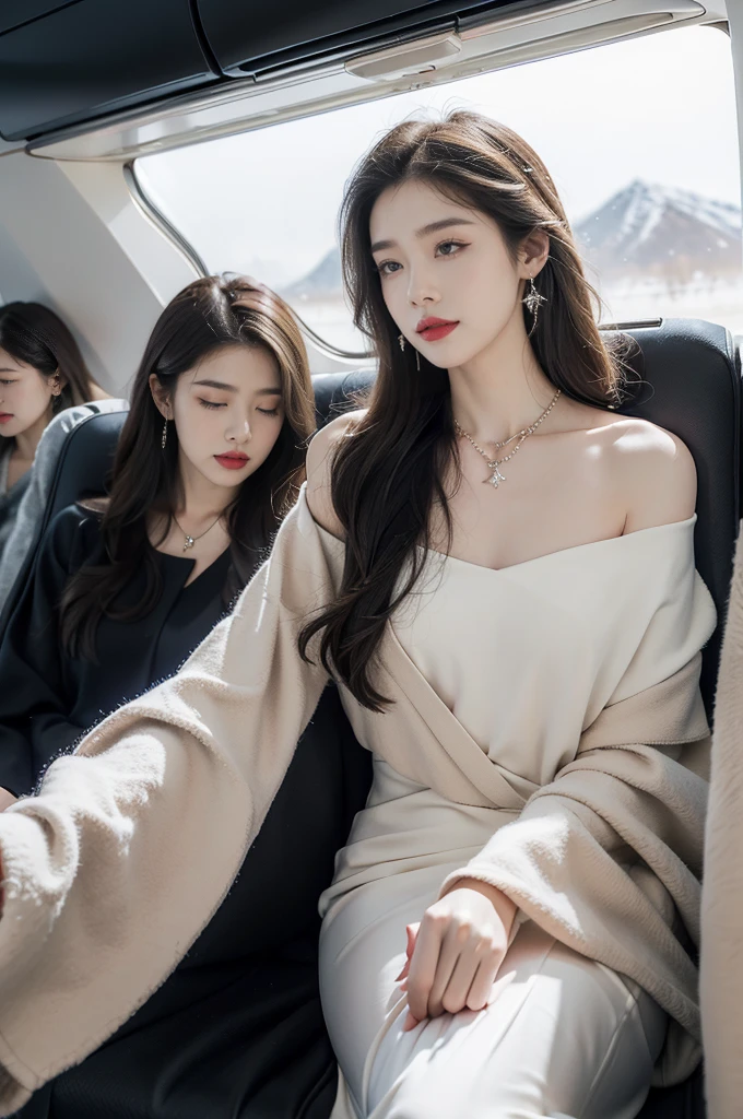 (((best quality))),(((ultra detailed))),(((masterpiece))),illustration,(a beautiful girl,female passenger,solo),(parted red lips),((slim,thin,small breasts,flat chest)),((earrings,crystal necklace)),(slender legs:1.2),summer night,((in airplane,economy class,indoor)),(blanket over shoulders:1.3),((dress)),(shoulder length straight bob hair:1.2),stars,moonlight,smooth flight,engine sound,lullaby,relaxed,excited,laughing,visiting family,comfortable seats,soft fabric,headrests,adjustable,beauty of night sky,dimmed lights,sleeping passengers,movies,personal screens,staying awake,magic of sky,joy of being with family,memorable journey,adventures,(surrounded by crowded crowds:1.3),(Outside the window is high-altitude night view:1.2),((standing,from front,full body))