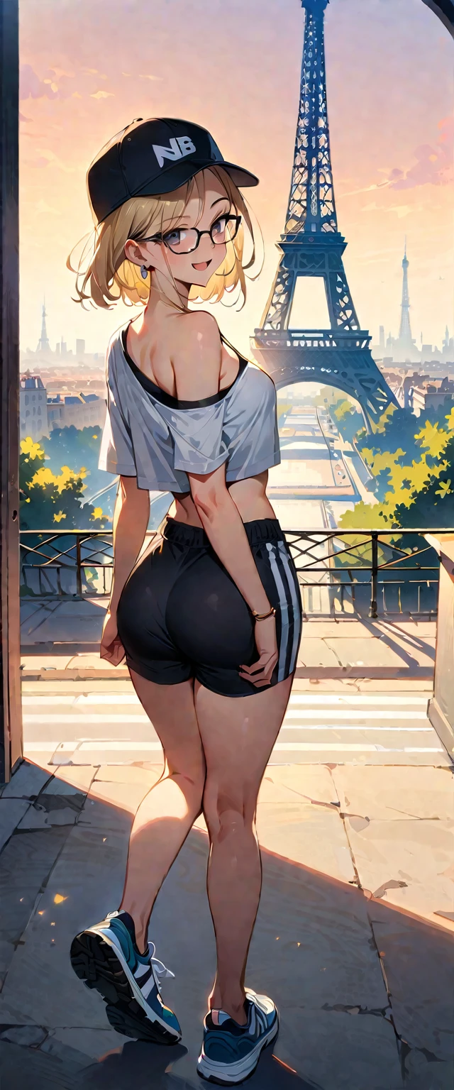 (masterpiece, best quality:1.2), full body shot, solo, Android 18 from Dragon Ball, ((slip-on one-shoulder crop top)), (light gray top:1.2), no jacket, (sport shorts), small breasts, short blonde hair loose, ((black eyes)), ((wearing glasses)), earrings on earlobes, slender feminine figure, narrow waistline, skinny body, (plane black cap), (cap without logo), newbalance shoes, sky, head tilt, looking at viewer, light blush, shot from behind, looking back, back view, arms behind back, walking, the Eiffel Tower, outside, natural lighting and shadows, magnificent view, blur background, 4K, open mouth, smile, beautiful butt,