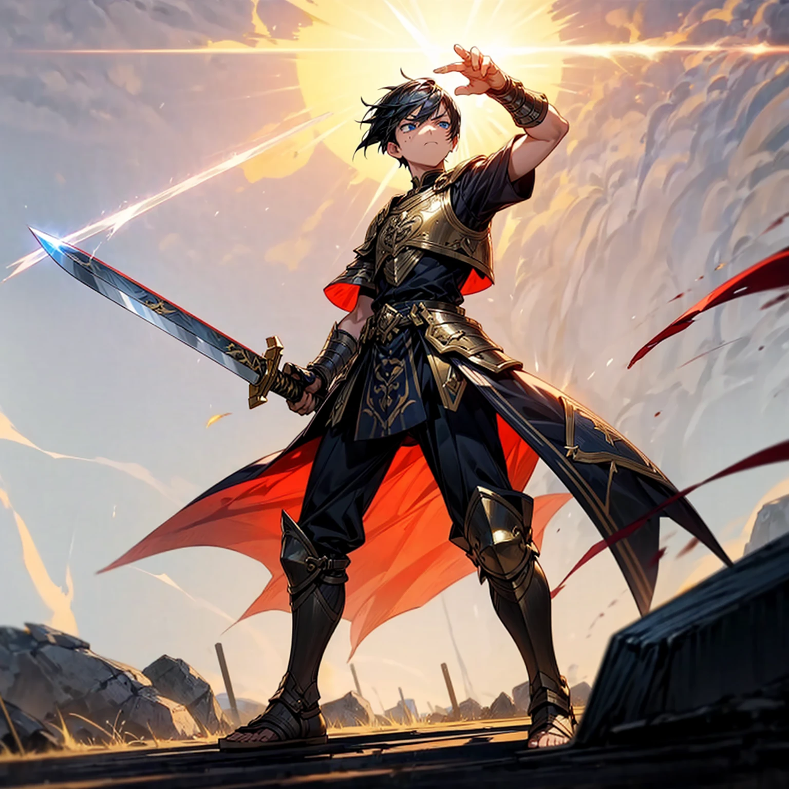 1boy, Full body version, blue eyes, undercut hair, black colour hair, angry expression, gladiator clothing, short sleeve shirt, gladiator skirt, gold armor body, bodybelt, gladiator sandals, Spatha sword in hand, (battle gesture), Grassroots background in war, smoke, silhouette of sunlight, glare of sunlight behind, blood on face, blood on armor, blood on hand, full of background light, fire, burning fire, lighting fire, lighting sword, smoke, (motion blur, plasma)