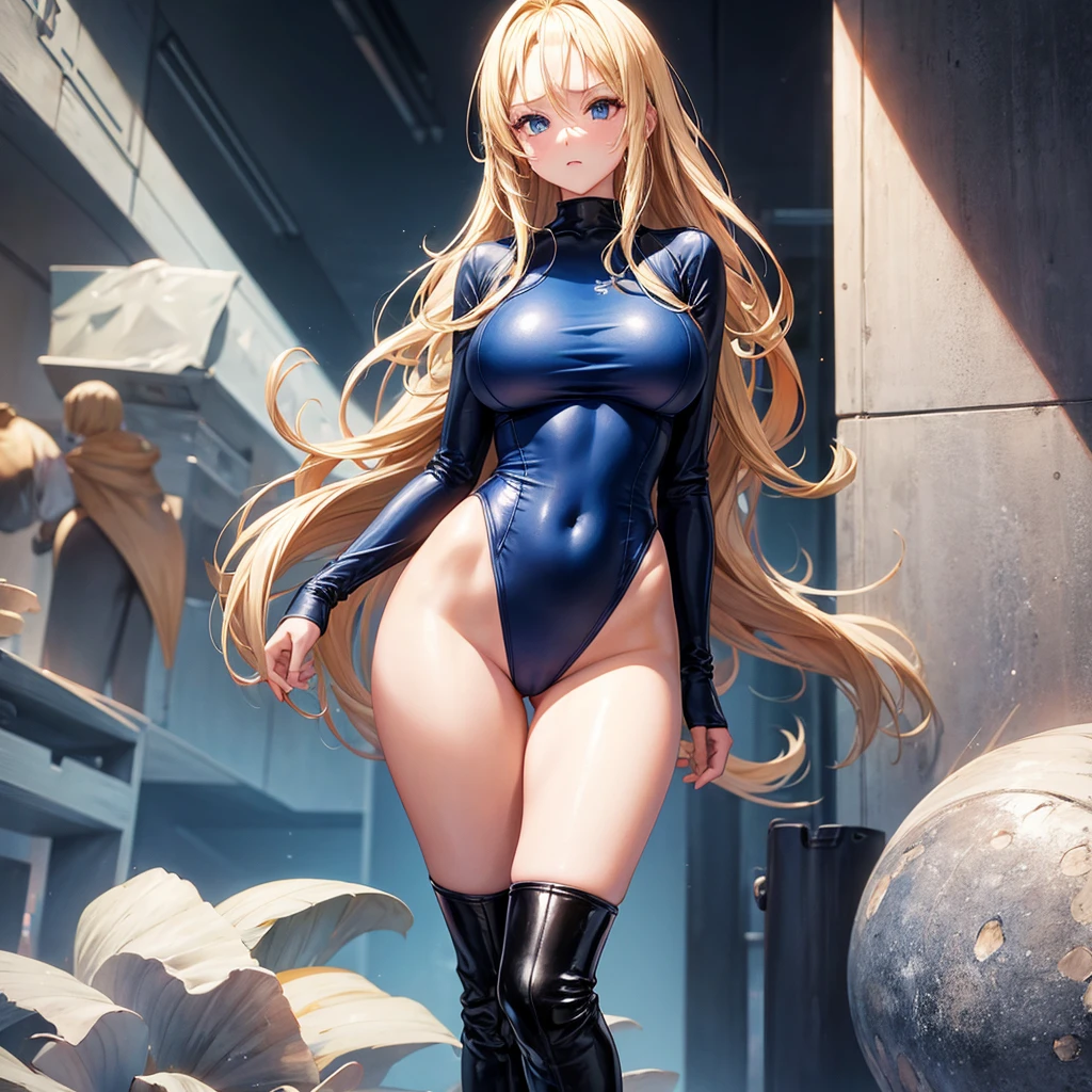 1 girl, Long sleeve one piece swimsuit, over the knee boots with high heels, wide hips, big breast, blonde hair, blue eyes