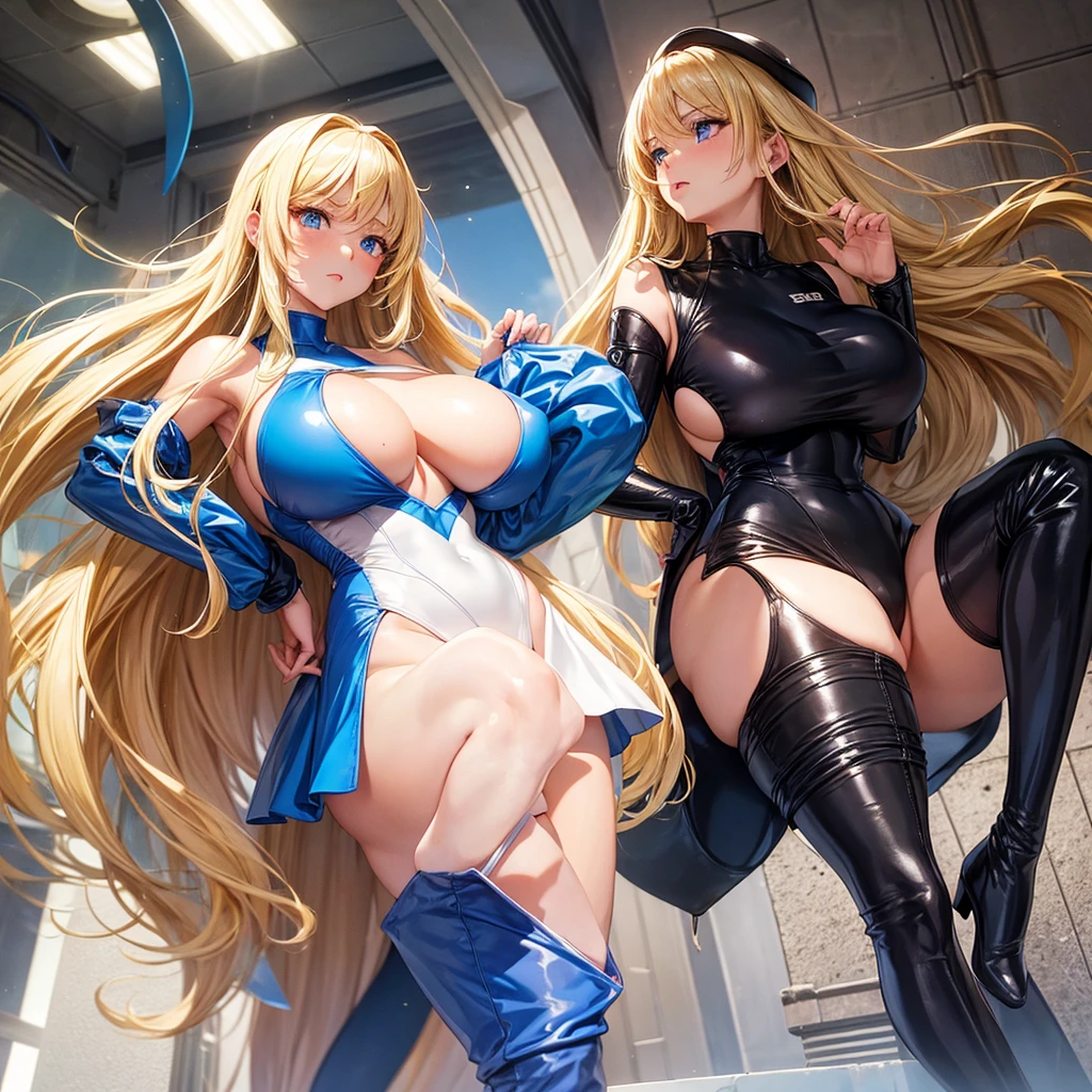 1 girl, Long sleeve one piece swimsuit, over the knee boots with high heels, wide hips, big breast, blonde hair, blue eyes